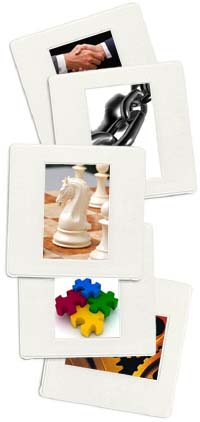 handshake, chain, chess piece, jigsaw pieces and cogs